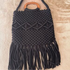 Danielle Nicole Black Macramé Boho Shoulder Bag Wooden Handles Purse Crossbody